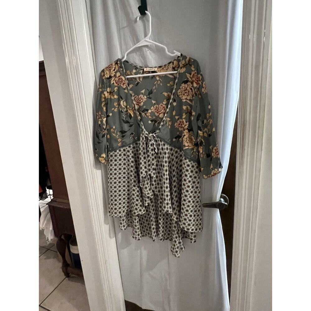 Magnolia Boutique Green Multicolor Floral Tie Front Chiffon Open Cardigan Sz S